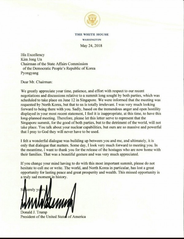 도날드 트럼프 미국 대통령이 24일(현지시각) 백악관 홈페이지를 통해 김정은 북한 국무위원장에게 보낸 서한을 공개했다.(사진=백악관 홈페이지)